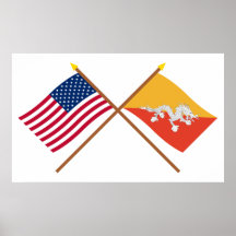 US and Bhutan Crossed Flags Print