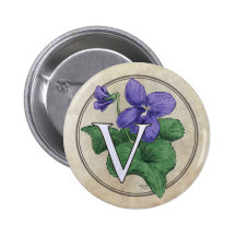 V for Violets Flower Monogram Button