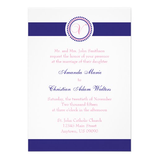 V Monogram Dot Circle Wedding Invitations (Navy)