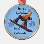 Vail Colorado blue orange snowboarder ornament