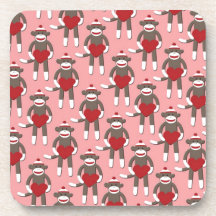 Valentine Heart Sock Monkey Print Beverage Coasters