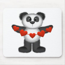 Valentine Panda Bear Holding String of Red Hearts Mousepads
