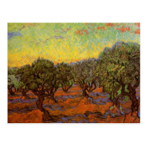 Van Gogh Olive Grove: Orange Sky, Vintage Fine Art Post Card