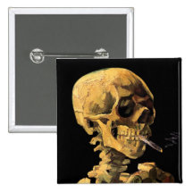 Van Gogh Skull With Burning Cigarette Button