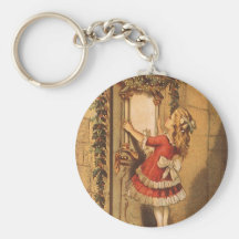 Victorian Girl Hanging Christmas Garland Over Door Keychain