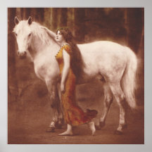 Victorian Romantic Girl with White Stallion Horse Print