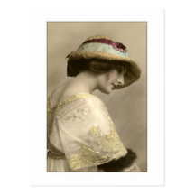 victorian woman hat beaded dress post card