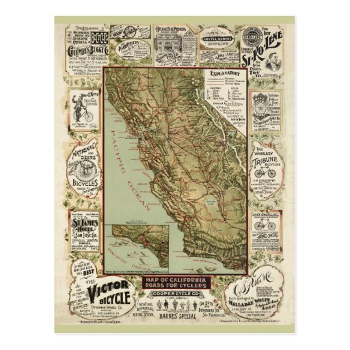 Vintage 1895 California Bicycle Cycling Map Postcards