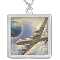 Vintage Aeroplane Flying Around the World in Cloud Necklace