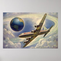 Vintage Aeroplane Flying Around the World in Cloud Print