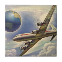 Vintage Aeroplane Flying Around the World in Cloud Ceramic Tiles