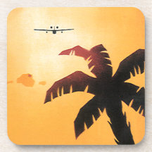 Vintage Airplane Flying Over Hawaii and Palm Tree Beverage Coasters