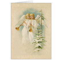 Vintage angels and trees christmas holiday card