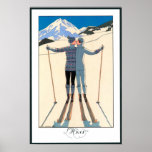 Vintage Art Deco Love Romantic Kiss on Skis Snow Poster