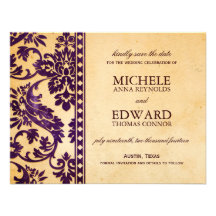 Vintage Aubergine Damask Lace Save the Date Personalised Invitations