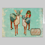 Vintage Azure Deer & Rose Owl Monogram Notecard cards