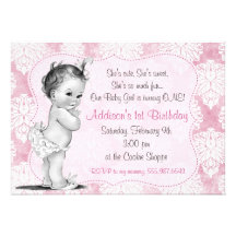 Vintage Baby Girl Chic Damask Birthday Invitation