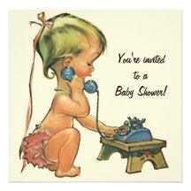 Vintage Baby Shower, Cute Girl Talking on Phone Personalised Announcements