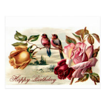 Vintage Bird Roses Birthday Postcard
