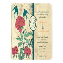Vintage Birds Damask Cabbage Rose Wedding Invites