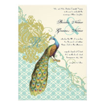 Vintage Birds Lagoon Endive Damask Wedding Invite