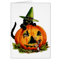 Vintage Black Cat and Pumpkin Card