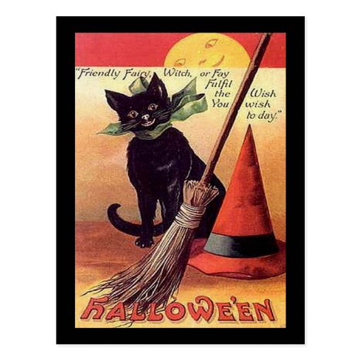 Vintage Black Halloween Cat Card Postcards