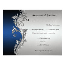 Vintage Blue Black and Silver Floral RSVP Invites