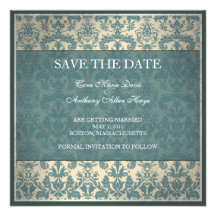 Vintage blue damask save the date card announcement