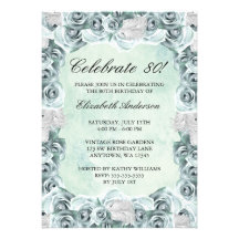 Vintage Blue Roses and Feather 80th Birthday Party Custom Invitation