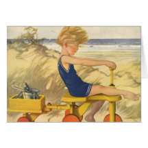 Vintage Boy Playing at the Beach with Sand Toys Greeting Card