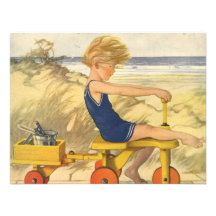 Vintage Boy Playing at the Beach with Sand Toys Custom Invites