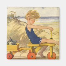 Vintage Boy Playing at the Beach with Sand Toys Fridge Magnet