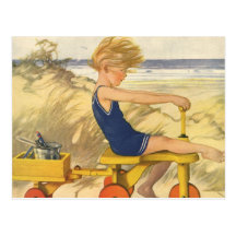 Vintage Boy Playing at the Beach with Sand Toys Postcards