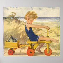 Vintage Boy Playing at the Beach with Sand Toys Posters