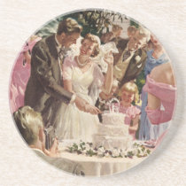 Vintage Bride and Groom Cutting the Cake Beverage Coasters