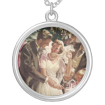 Vintage Bride and Groom Cutting the Cake Pendants