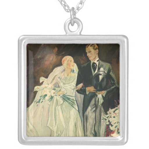 Vintage Bride and Groom; Newlyweds Just Married! Pendant