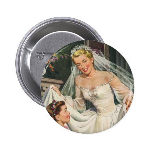Vintage Bride with Flower Girl on Her Wedding Day Pinback Buttons