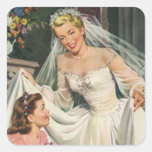 Vintage Bride with Flower Girl on Her Wedding Day Square Sticker