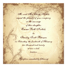 Vintage brown beige scroll leaf wedding invitation
