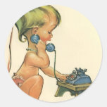 Vintage Child Cute Blonde Girl Talking on Toy Phon Round Stickers