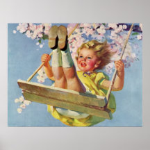 Vintage Child, Girl Swinging on Tree Swing, Spring Posters
