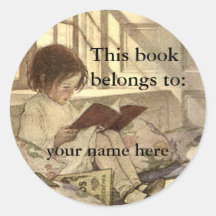 Vintage Child Reading a Book Bookplate Round Sticker