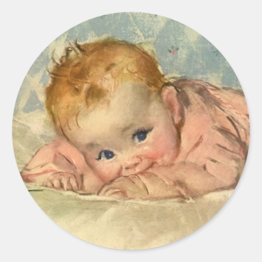 Vintage Children Cute Baby Girl in Pink on Blanket Stickers
