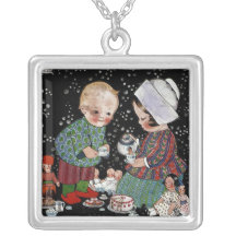 Vintage Children Having a Tea Party with Dolls Jewelry