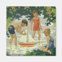 Vintage Children Playing Toy Sailboats Summer Pond Refrigerator Magnets