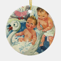 Vintage Children Playing w Bubbles in Swan Bathtub Christmas Tree Ornaments