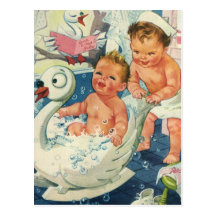 Vintage Children Playing w Bubbles in Swan Bathtub Post Card