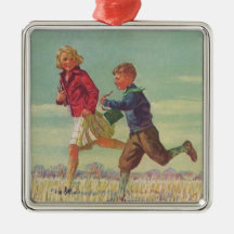 Vintage Children Running to School Carrying Books Christmas Ornament